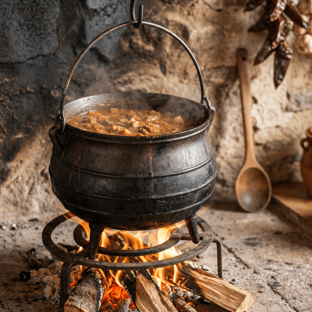 A cast iron cauldron of stew cooking over a wood fire in a rustic hearth.