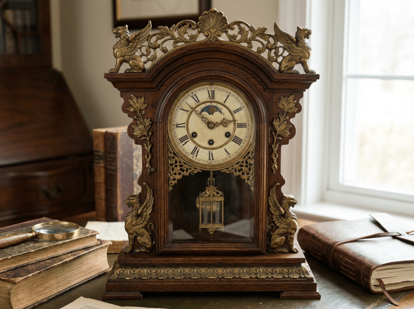 Antique wooden mantel clock with ornate brass griffins and Roman numeral dial.