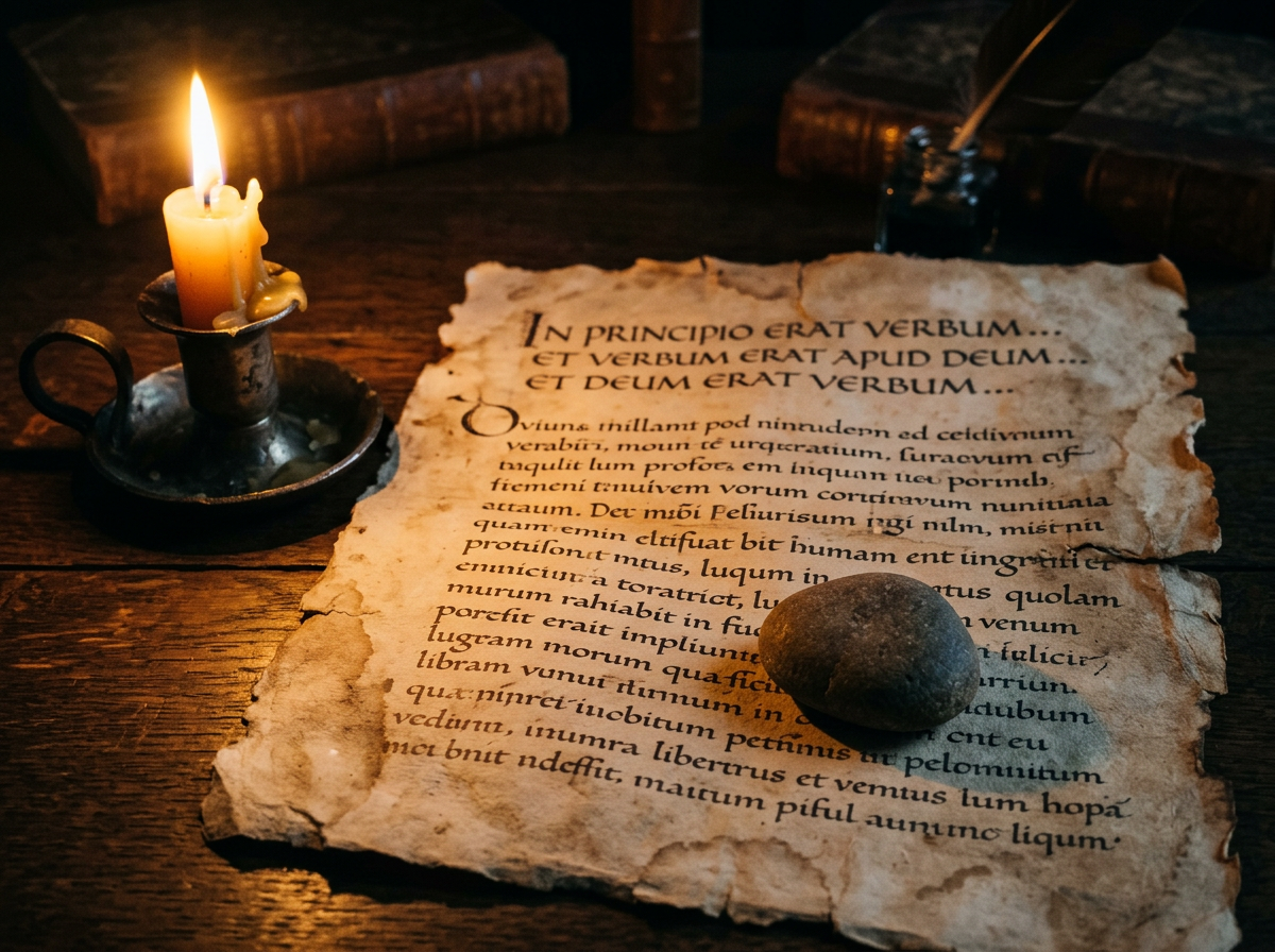 Ancient manuscript page with Latin text held down by a stone near a lit candle on a wooden surface