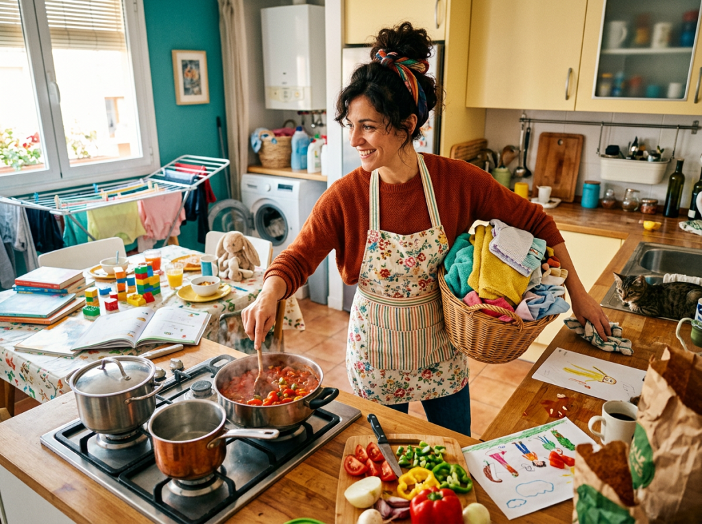Woman stirring sauce on stove while holding laundry basket in kitchen