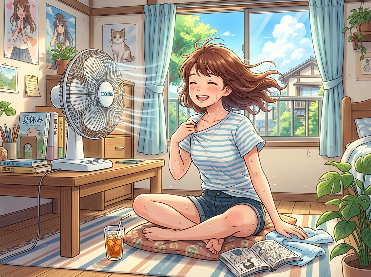 Young girl sitting cross-legged on floor, sweating, enjoying breeze from electric fan in bright bedroom