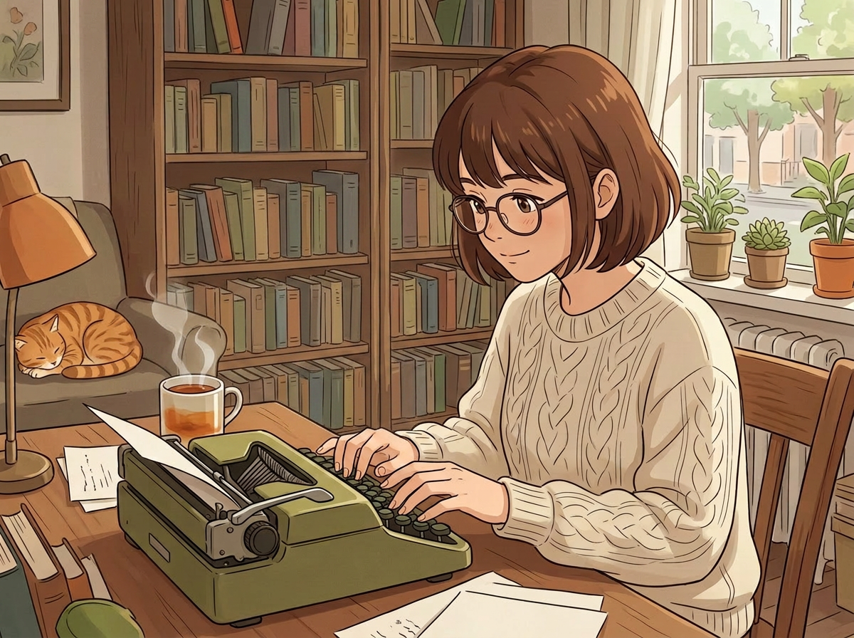 Young woman typing on green typewriter at wooden desk with reflection beside her