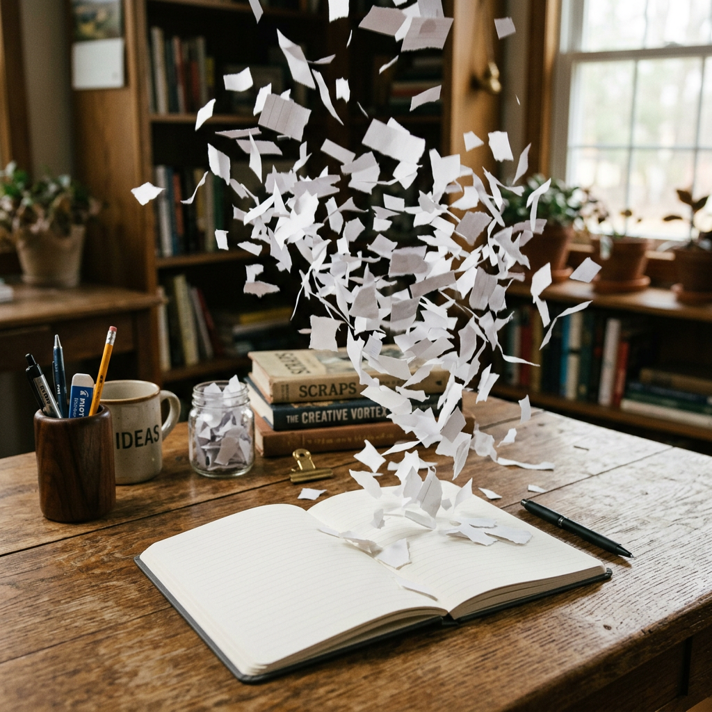 Open notebook on wooden desk with torn paper pieces flying above it