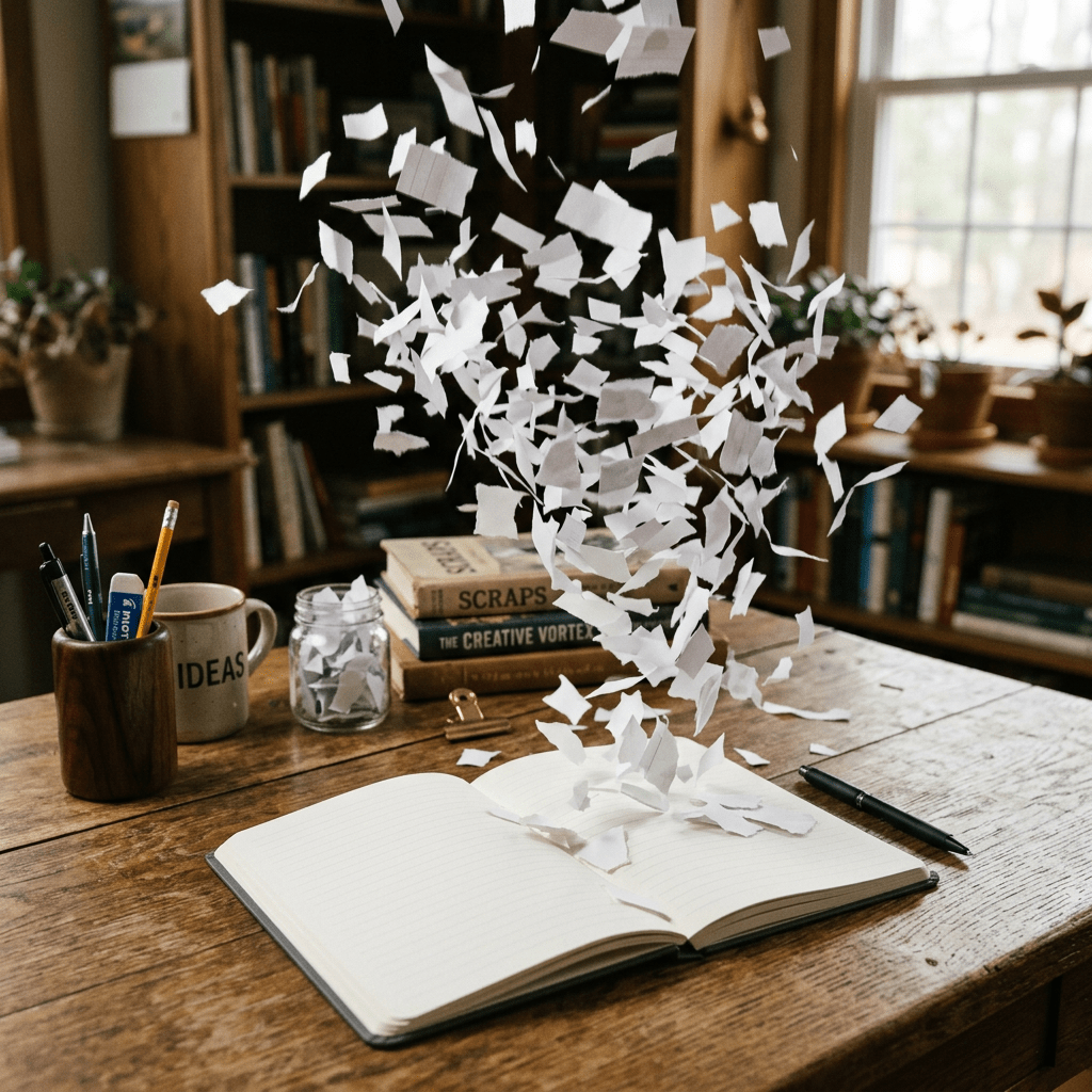 Open notebook on wooden desk with torn paper pieces flying above it