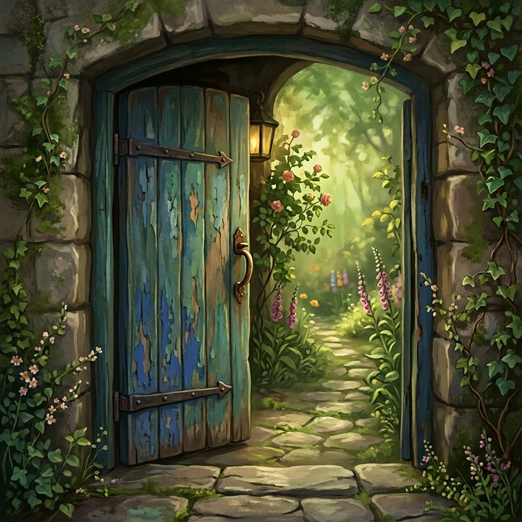 Orange tabby cat sitting by an open blue wooden garden door surrounded by greenery and flowers.