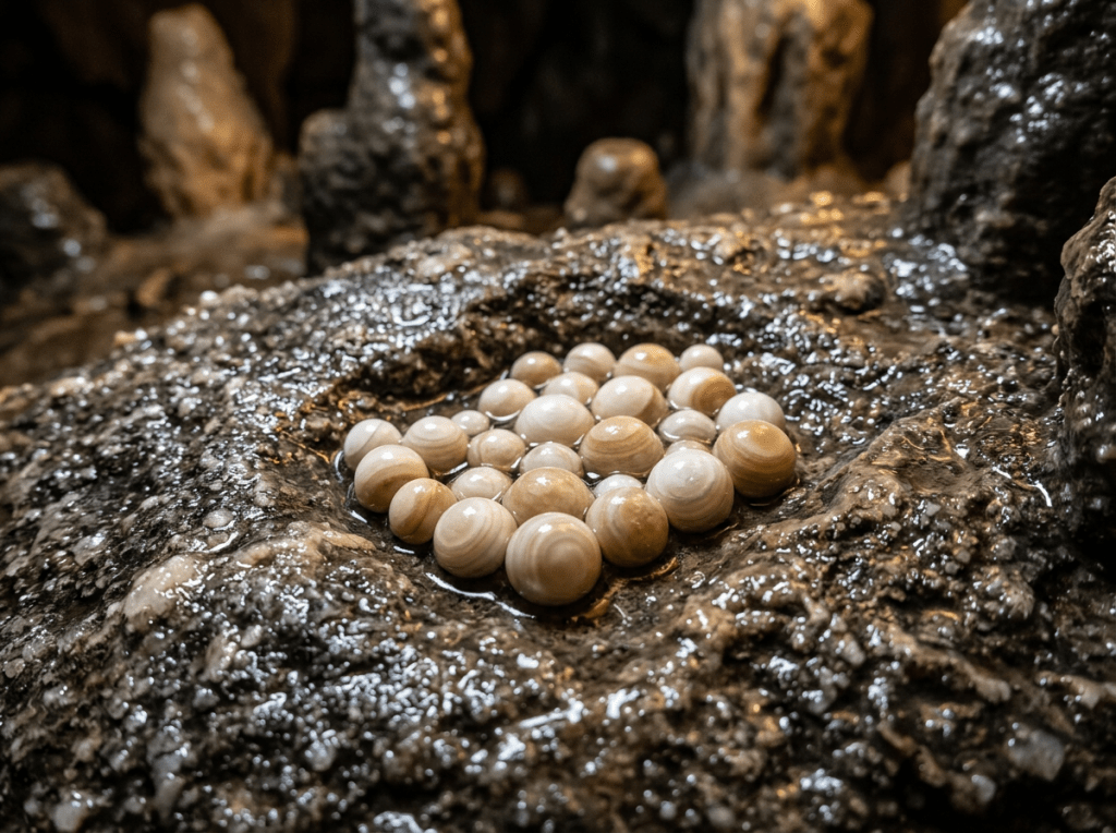 Cluster of natural cave pearls in a rock basin inside a cave