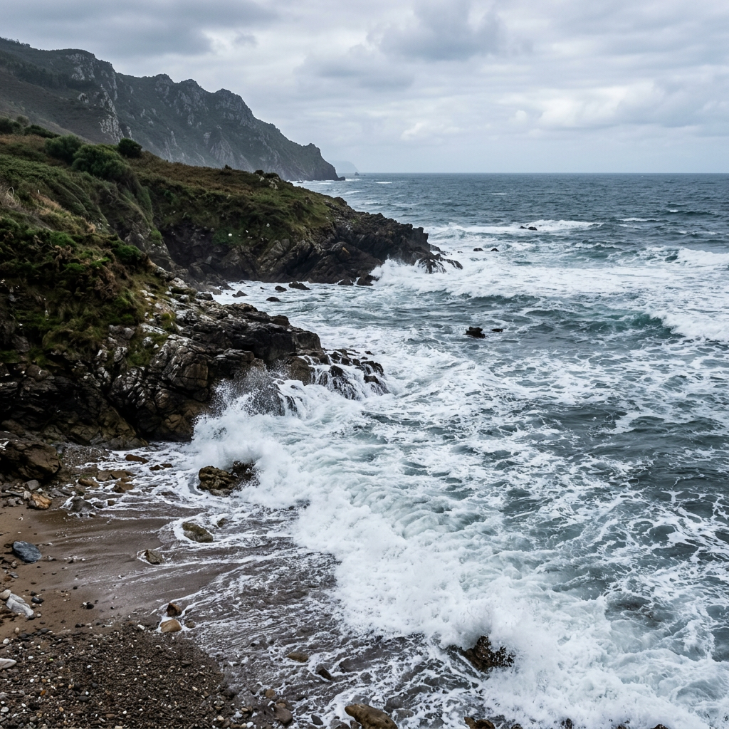 Rocky coastal cliffs with waves crashing onto shore and rough sea under overcast sky