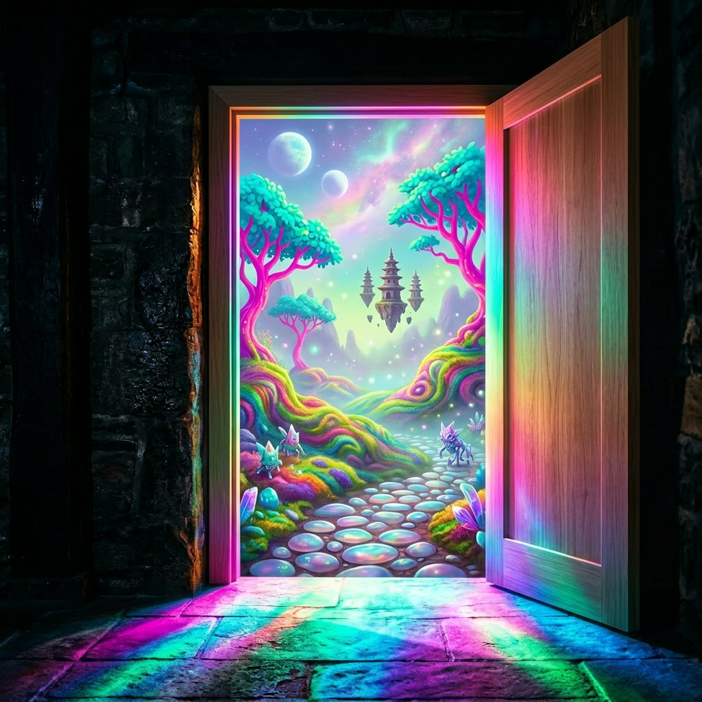 Open wooden door showing colorful alien landscape with glowing trees, floating temples, and strange creatures.