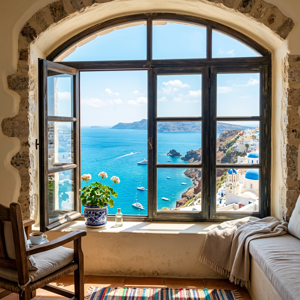 Open window with view of Santorini coastline, blue sea, boats, and white buildings with blue domes