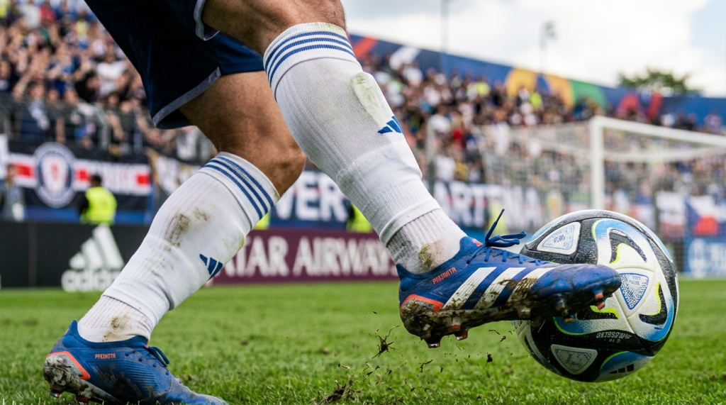 Soccer player in blue cleats kicking a soccer ball near the goal on a grass field