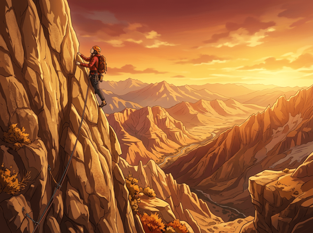 Climber wearing helmet and harness scaling a steep rocky cliff in the mountains